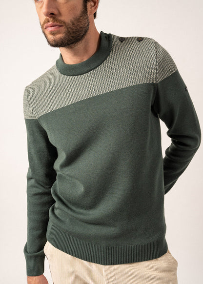 Pull marin bicolore Dinan - à coudières jacquard, en laine vierge (VEGETAL/ECRU)